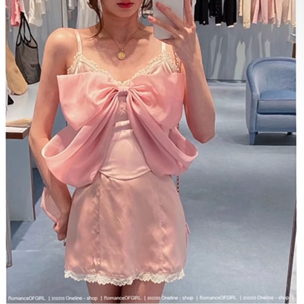 Japanese Kawaii Style Pastel Pink Bow Off Shoulder Top With Under Mini Dress